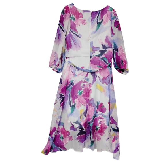 DKNY  Floral Print Balloon Sleeve Tie Waist V Neck Dress Size 12 White & Purple - Picture 7 of 14